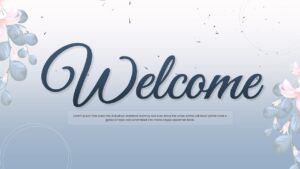 Elegant white welcome slide with blue floral corners and script typography