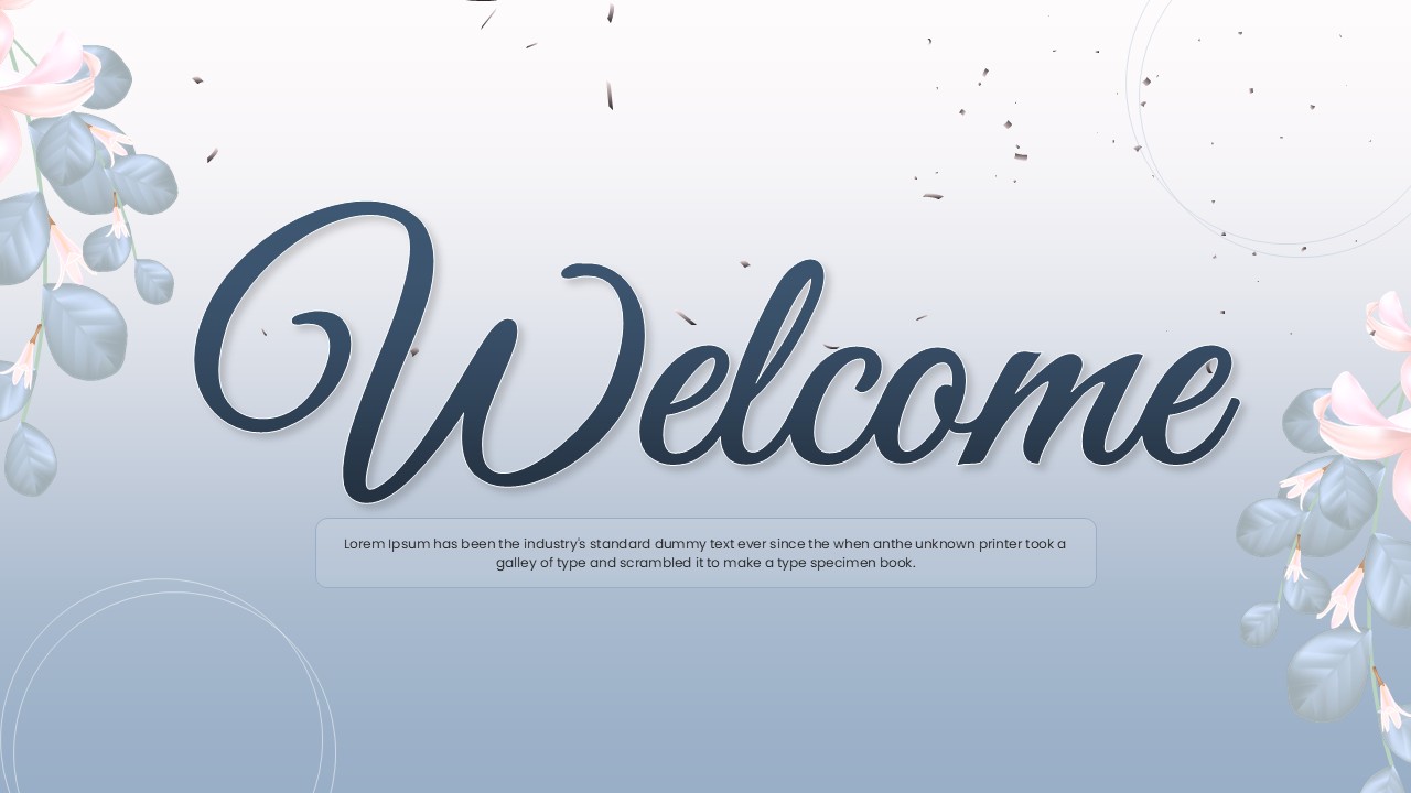 Elegant white welcome slide with blue floral corners and script typography