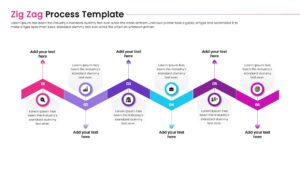 Horizontal zig zag timeline slide with numbered steps and text placeholders on a white background