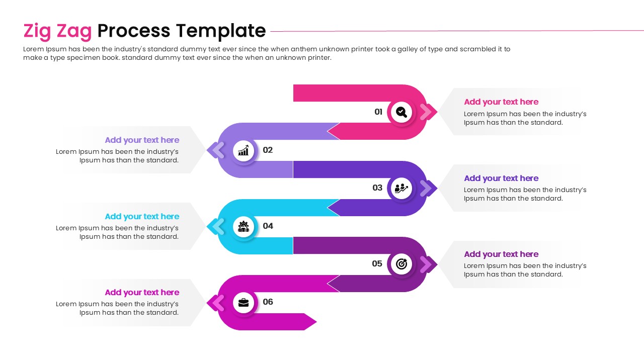 Curved serpentine process flow diagram with circular odes and icons for business presentations.