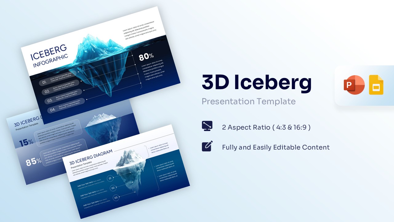 Featured image showing a collection of 3D iceberg presentation slides in 16:9 and 4:3 aspect ratios