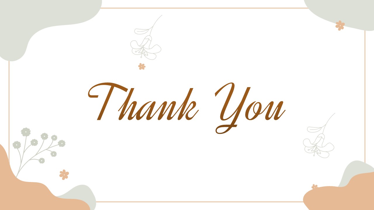Minimalist white Thank You slide featuring delicate hand-drawn floral line art and soft tan shapes