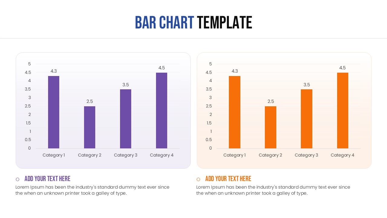 Dual bar chart slide design with purple and orange themes side-by-side for comparative analysis
