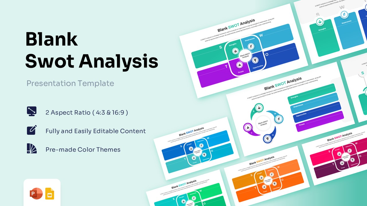 Featured image showing a collection of blank SWOT analysis slide layouts in various colors like purple, blue, and orange.