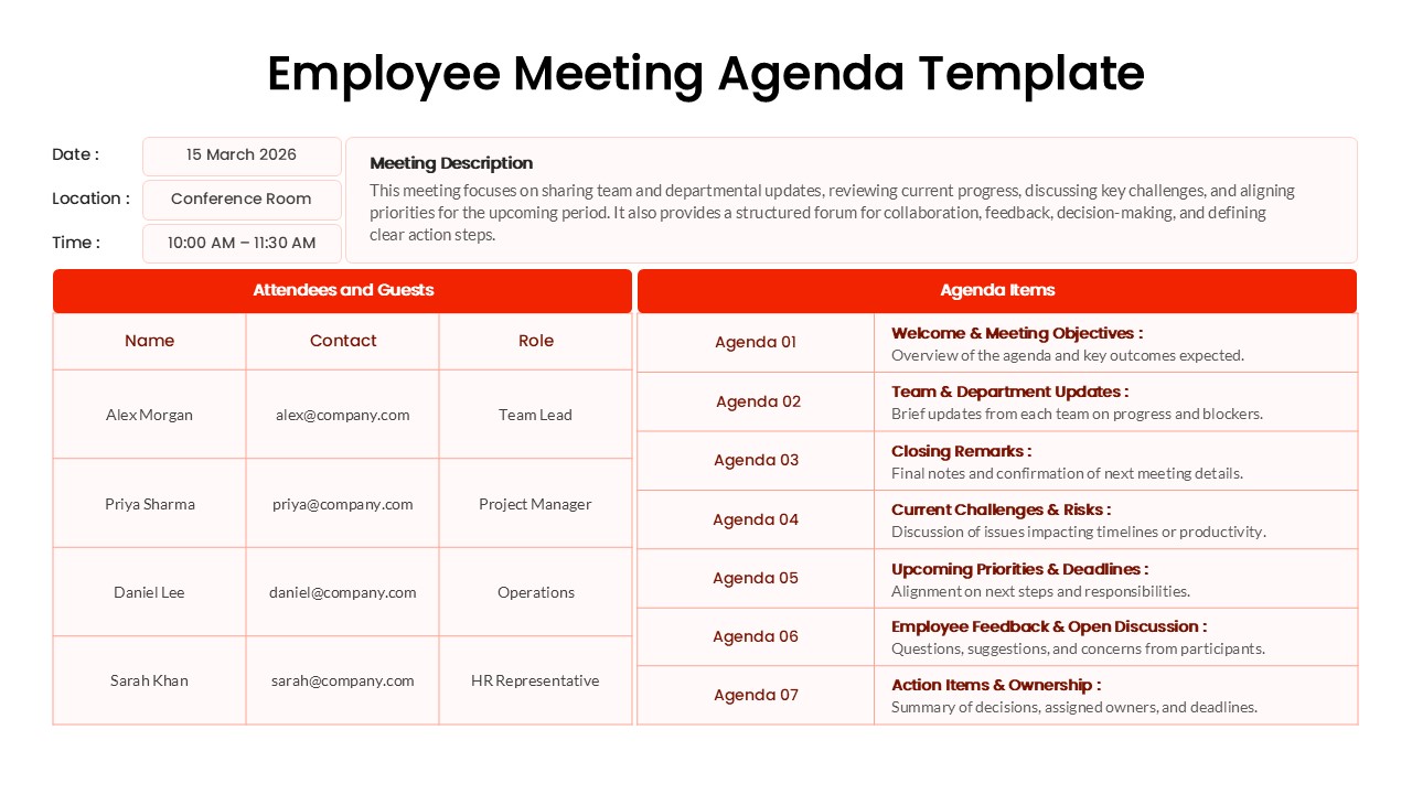 Red and white employee meeting agenda table featuring a guest list and itemized meeting objectives