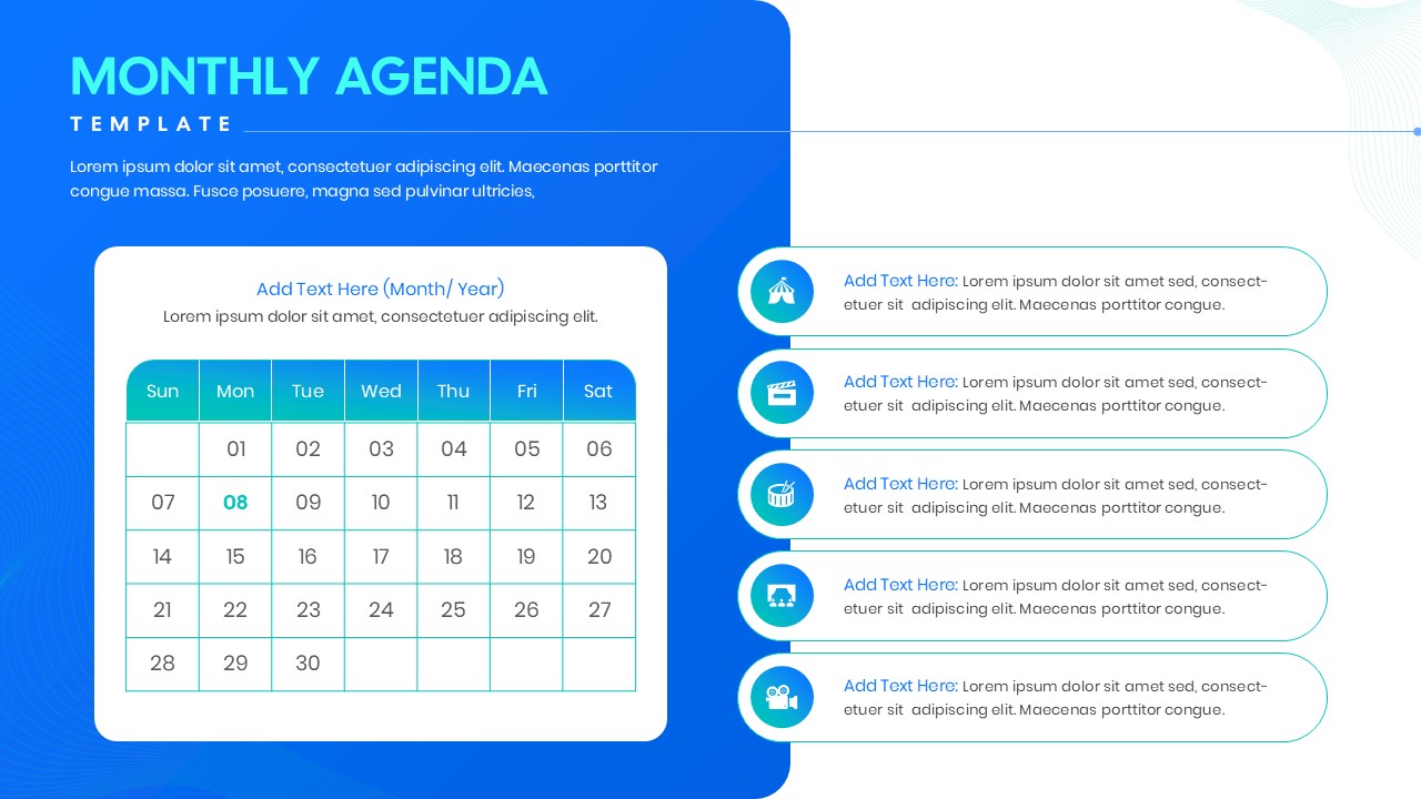 Minimalist calendar layout for Google Slides designed for business monthly agendas and project milestone tracking