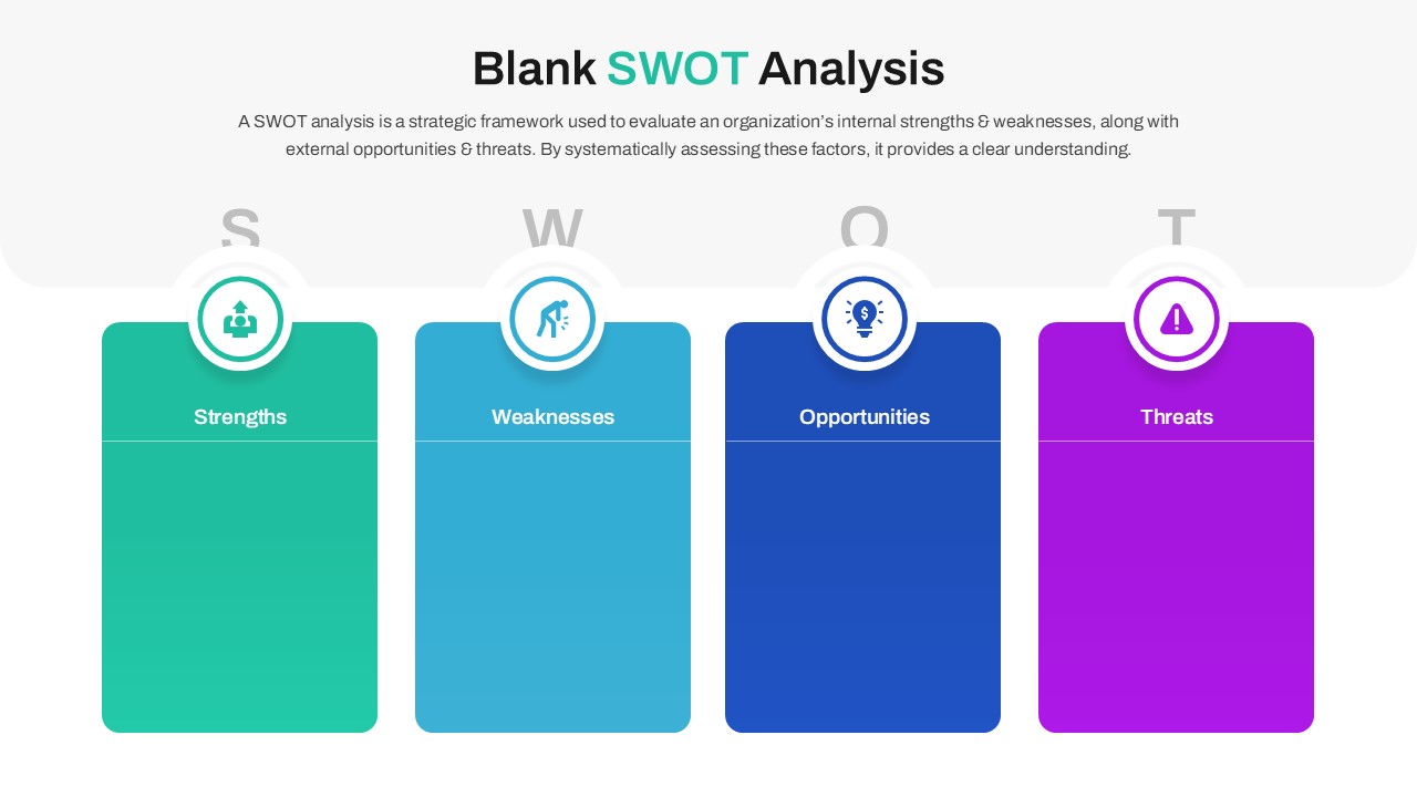 Horizontal card-based SWOT analysis layout featuring distinct columns for strengths, weaknesses, opportunities, and threats.