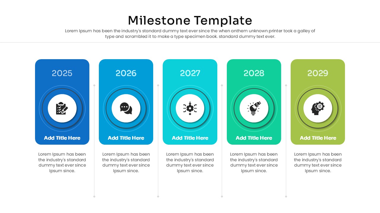 Modern yearly timeline slide featuring a blue-to-green gradient theme