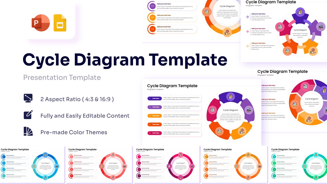 Featured image showing a collection of colorful 4 and 5 step circular cycle diagram slides with icons and text boxes