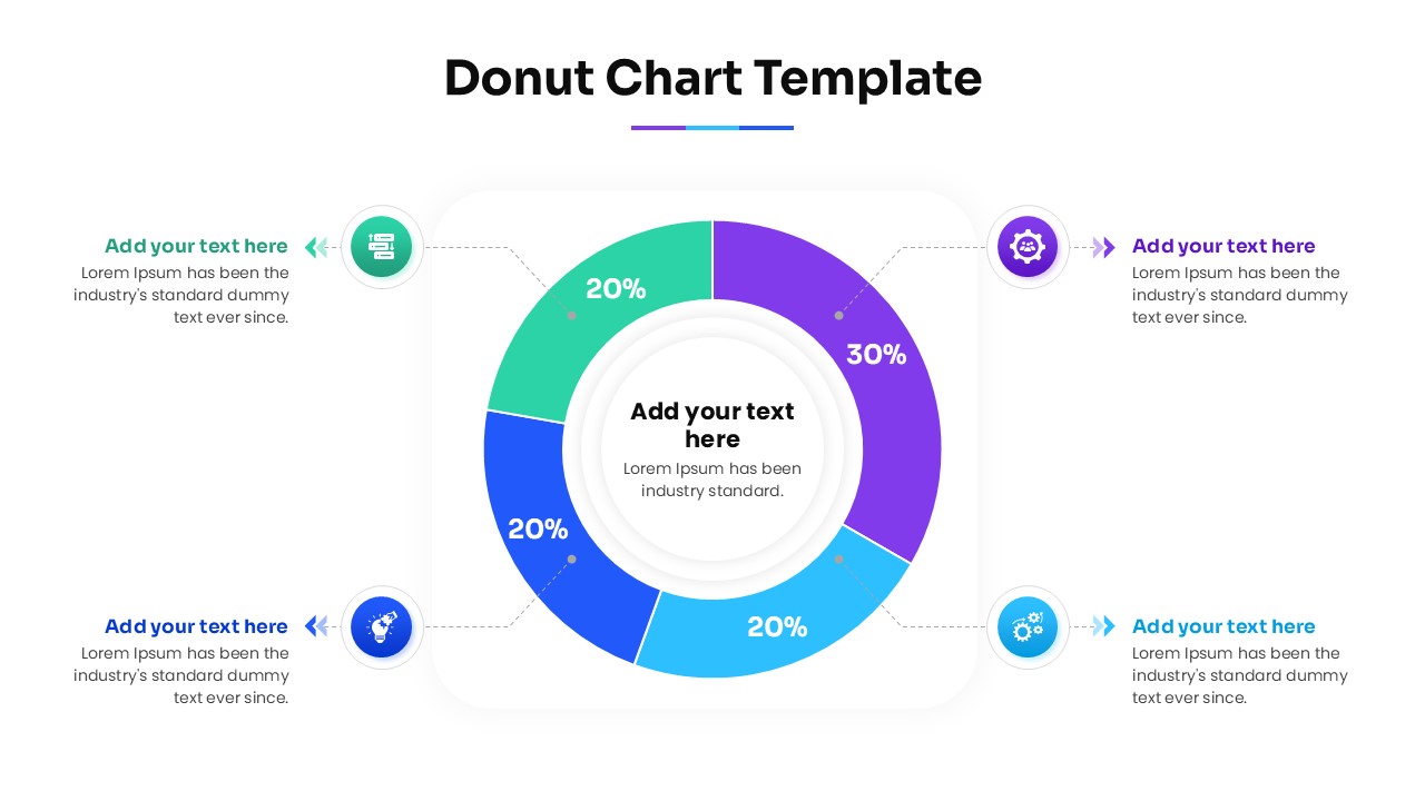 A single 4-segment donut chart infographic with icons and text boxes on a clean white background