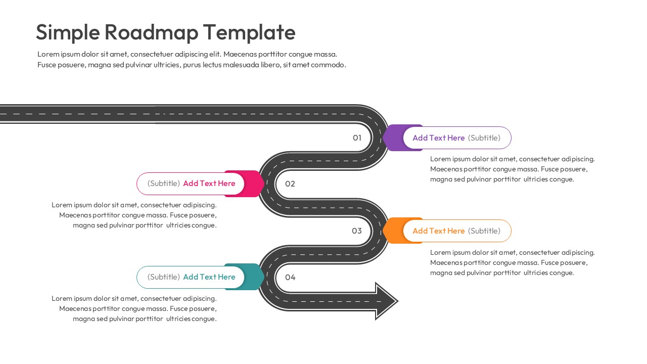Winding road infographic slide showing a four-step process flow with arrows.