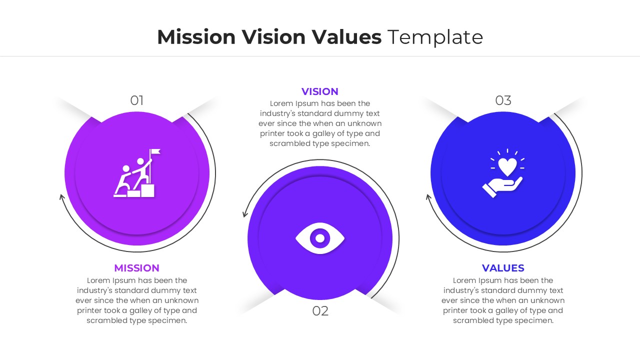 Three circular purple and blue infographic steps for company mission vision and values