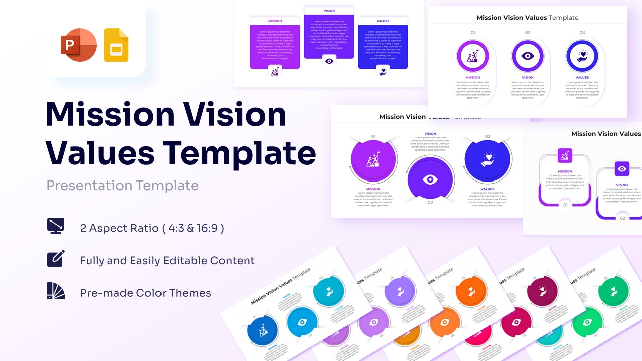 Featured image showing multiple mission vision values slide layouts in purple and blue color schemes