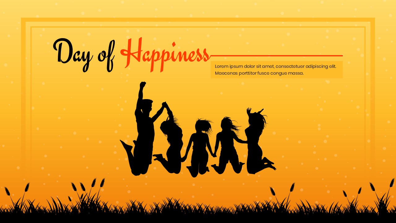 Silhouette of happy people celebrating against a yellow sunset background for World Happiness Day slides