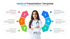 Female doctor in a white coat surrounded by a colorful six-part circular medical infographic