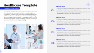 Medical team profile slide with circular photo placeholders and professional bio sections for doctors.