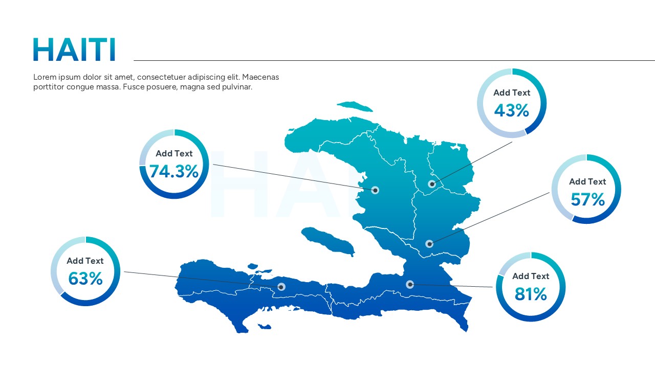 Blue gradient Haiti map slide featuring circular percentage icons and data visualization elements