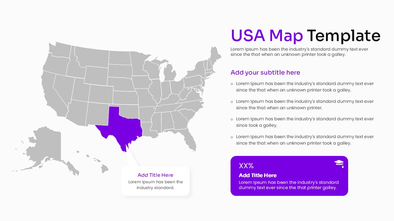 Professional USA map layout with a green highlighted state and structured bullet points for data description