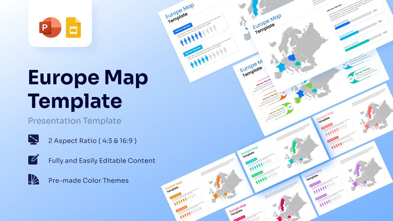 Multi-slide preview of various European map styles including political outlines and data-driven infographics