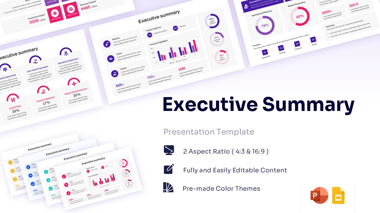 Executive summary presentation dashboard with mission, vision, and financial bar charts in a clean white layout