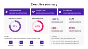 Business overview slide featuring progress rings for operational efficiency and a four-step assessment timeline.