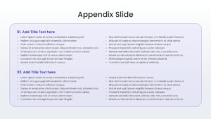 Appendix slide with four vertical color-coded text cards numbered 01 to 04 for organizing supplemental information