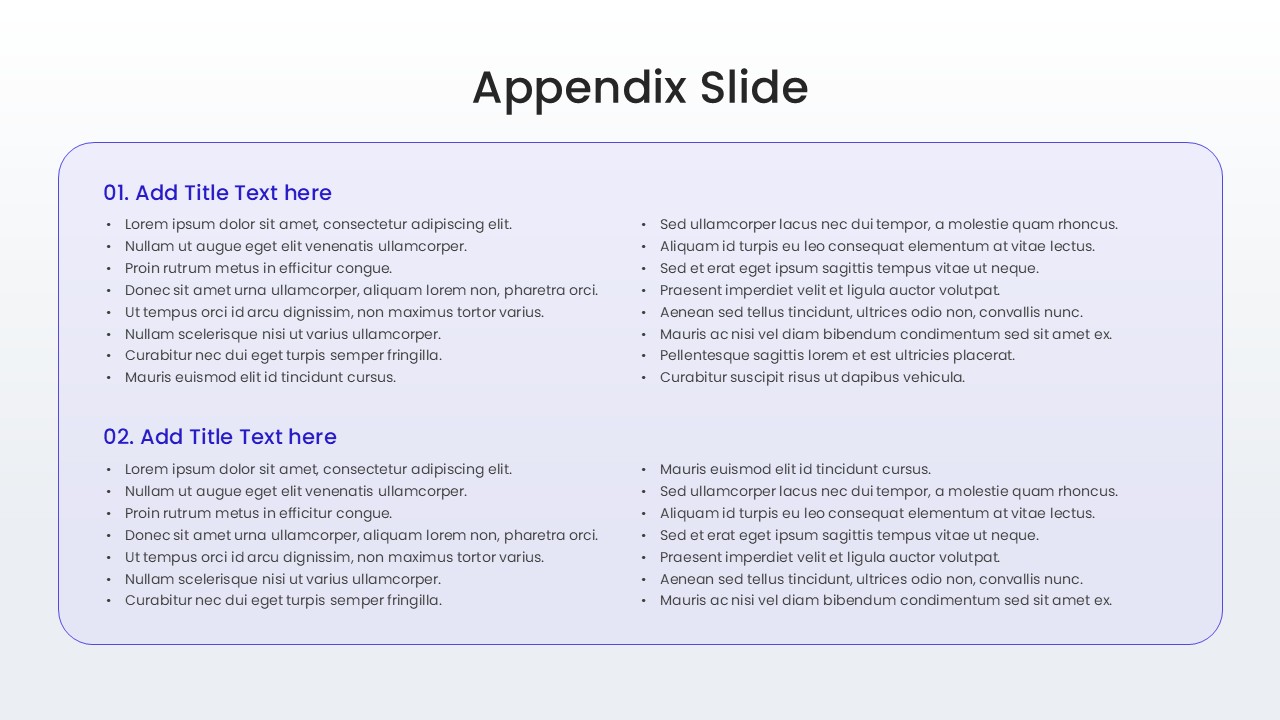Appendix slide with four vertical color-coded text cards numbered 01 to 04 for organizing supplemental information