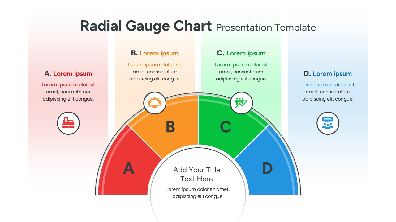 A semi-circular radial gauge infographic with four color-coded segments labeled A through D with business icons