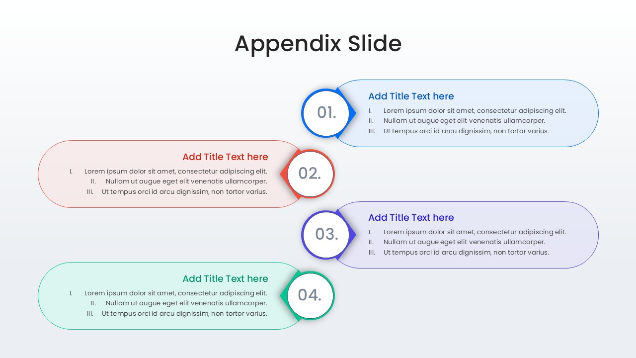 Modern four-quadrant appendix design with large numbers and descriptive text areas for technical specifications