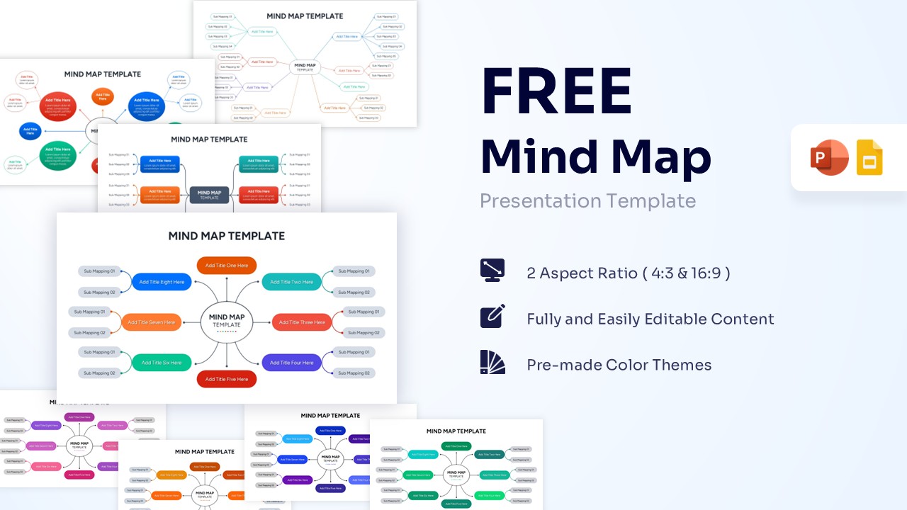 Featured image showing a collection of Free Mind Map Diagram slides with diverse colorful layouts and central hub nodes