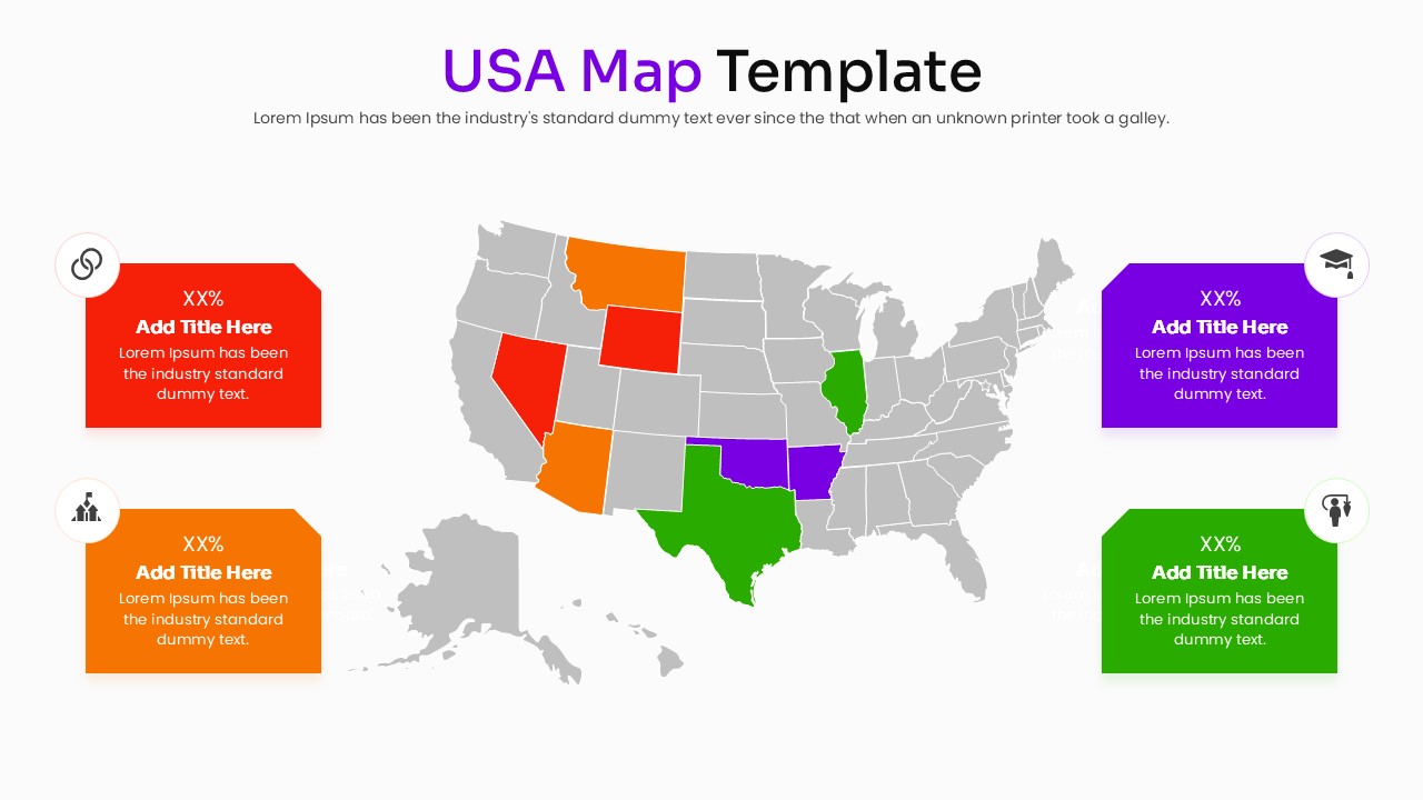 Collection of USA map slides showing different color themes and regional highlights for business presentations