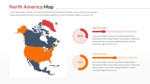A multi-color North America map slide with horizontal data bars and percentage indicators