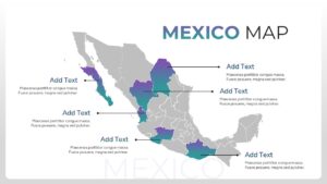 A professional Map of Mexico slide using teal and purple gradients to highlight specific states with thin line pointers to descriptive text blocks.