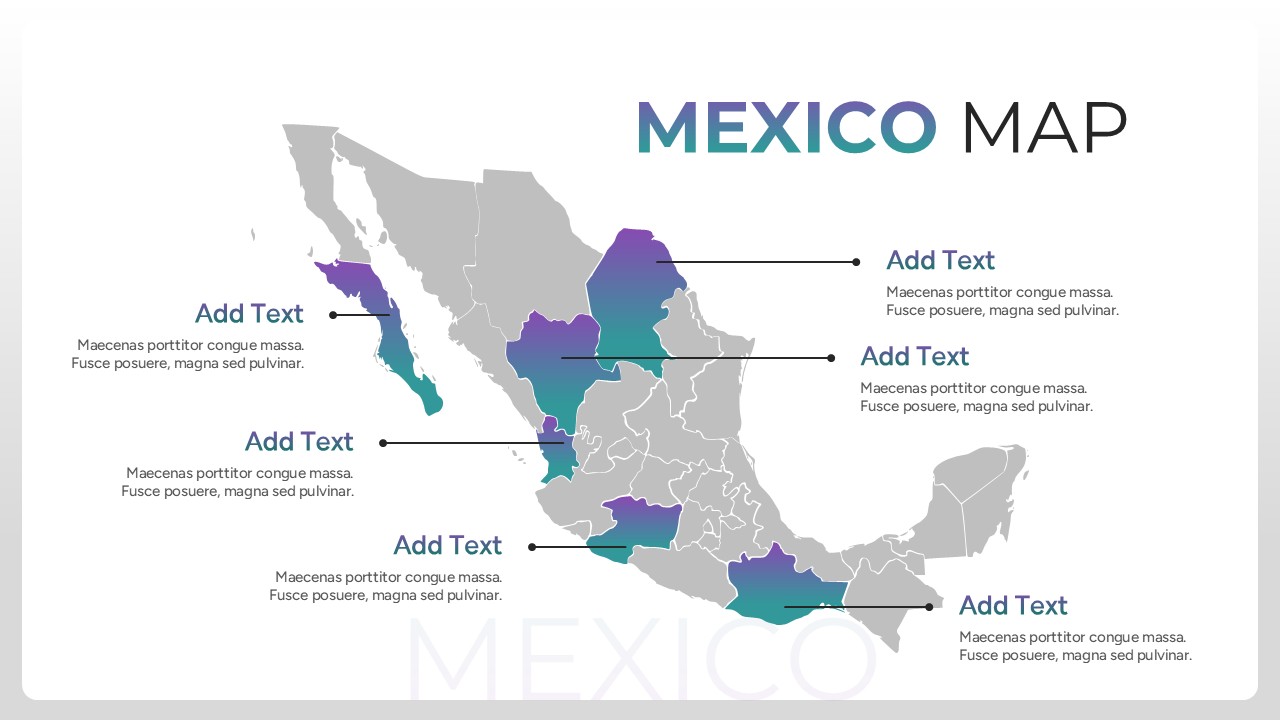 A professional Map of Mexico slide using teal and purple gradients to highlight specific states with thin line pointers to descriptive text blocks.
