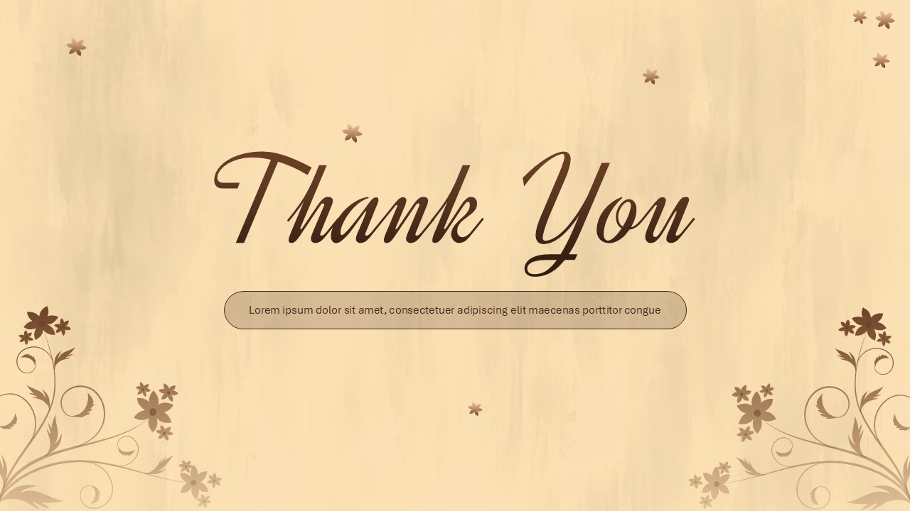 Vintage style Thank You slide with a textured parchment background and elegant brown floral flourishes