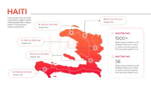 Professional Haiti map infographic with red location markers and data callout boxes for regional analysis