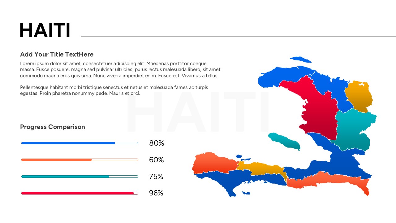 Comparison slide with multiple small Haiti maps in different colors like purple, orange, and pink.
