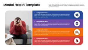 Healthcare presentation slide featuring a man in a red sweater with his head in his hands next to a four-stage vertical list