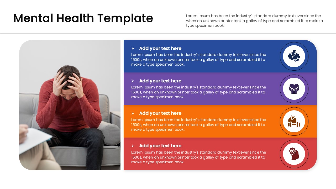 Healthcare presentation slide featuring a man in a red sweater with his head in his hands next to a four-stage vertical list