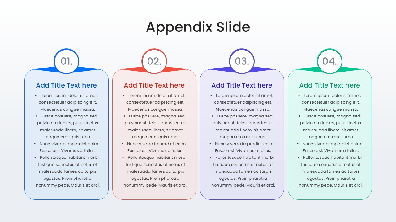 Appendix slide with four vertical color-coded text cards numbered 01 to 04 for organizing supplemental information