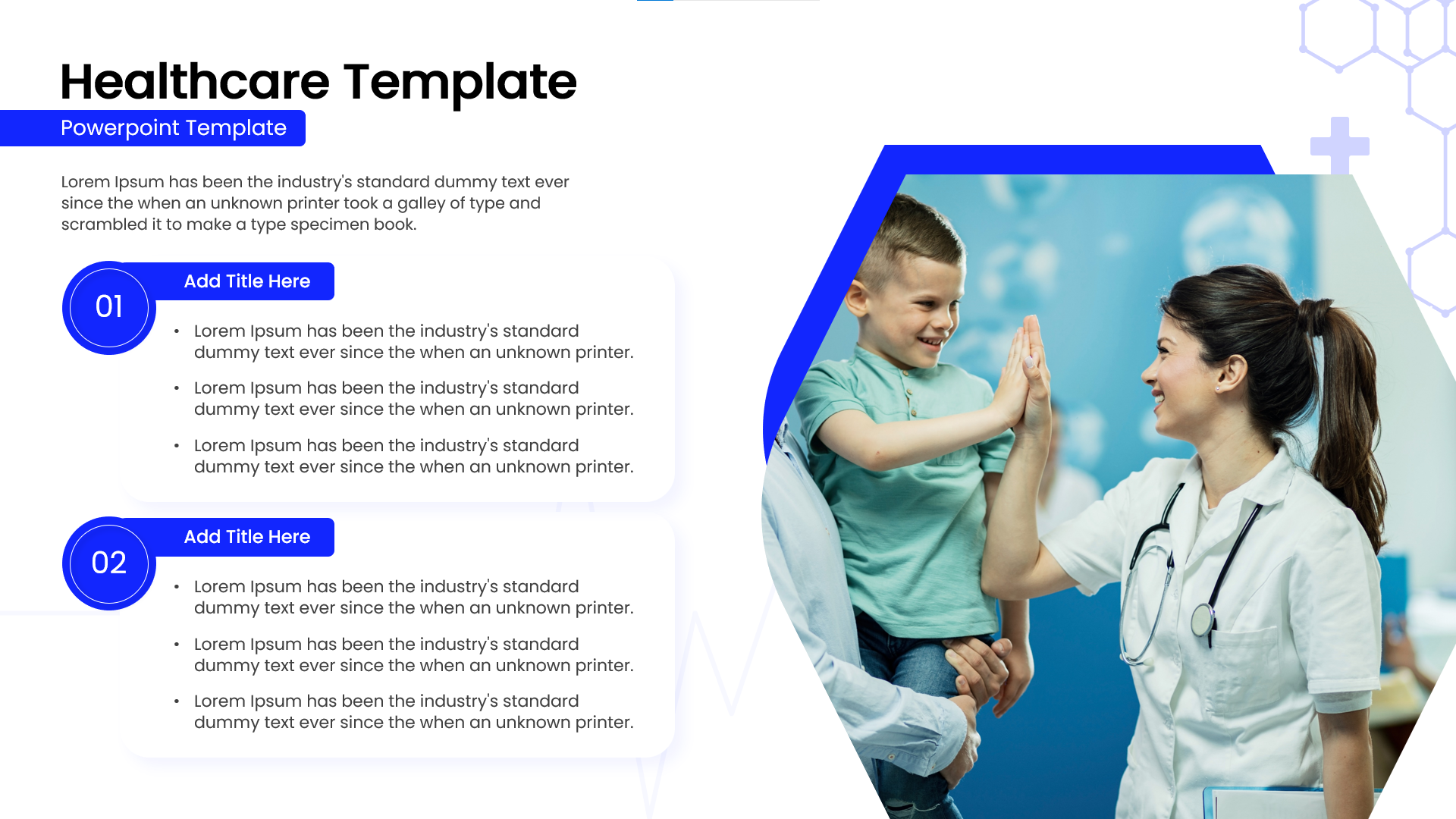 Medical process slide with a doctor-patient interaction photo and blue descriptive text blocks.