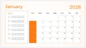 Orange themed monthly planner with a sidebar for notes and checkbox list