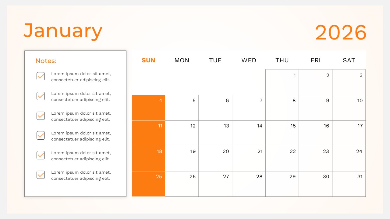 Orange themed monthly planner with a sidebar for notes and checkbox list