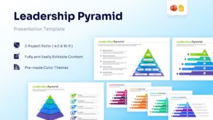 Collection of leadership pyramid slides in various color themes including orange, green, and purple