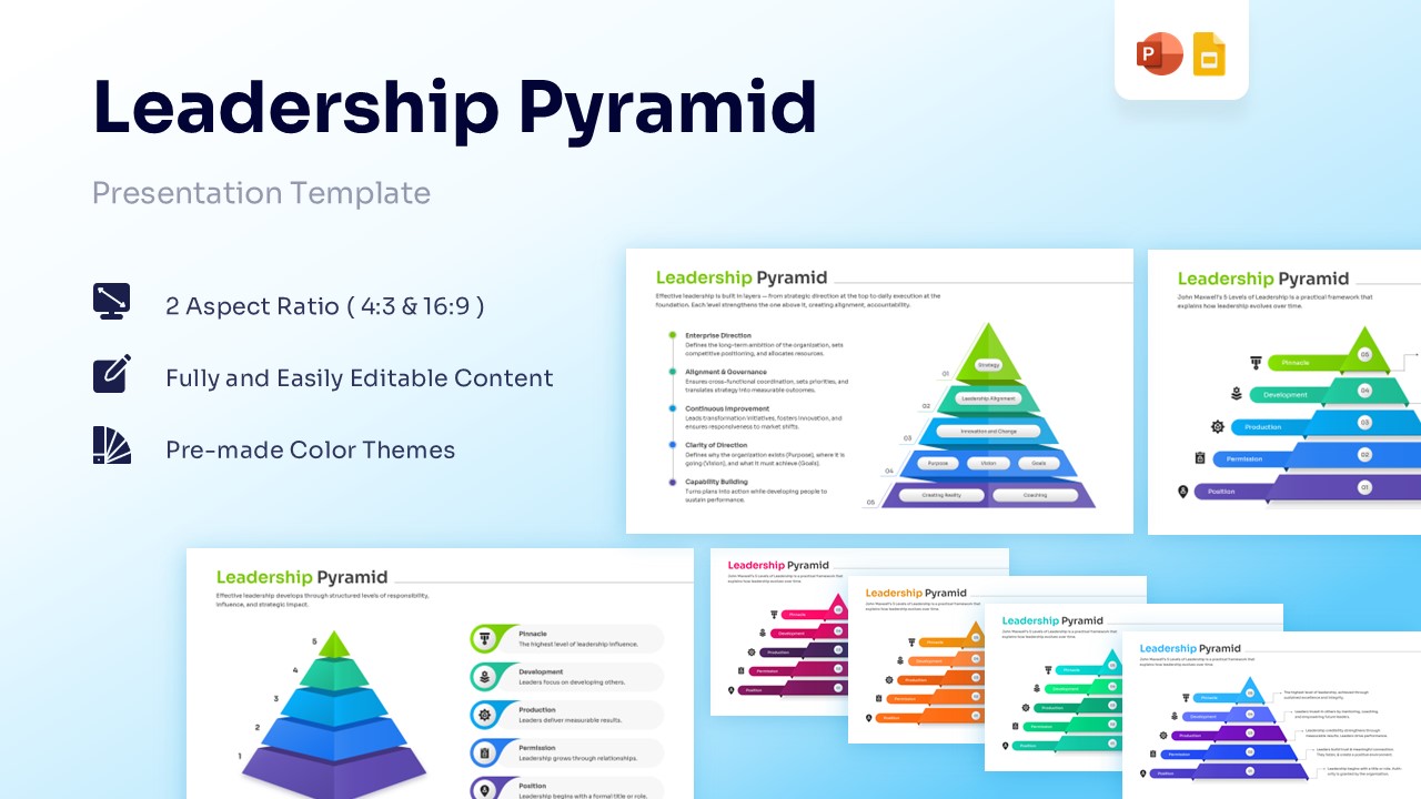 Collection of leadership pyramid slides in various color themes including orange, green, and purple