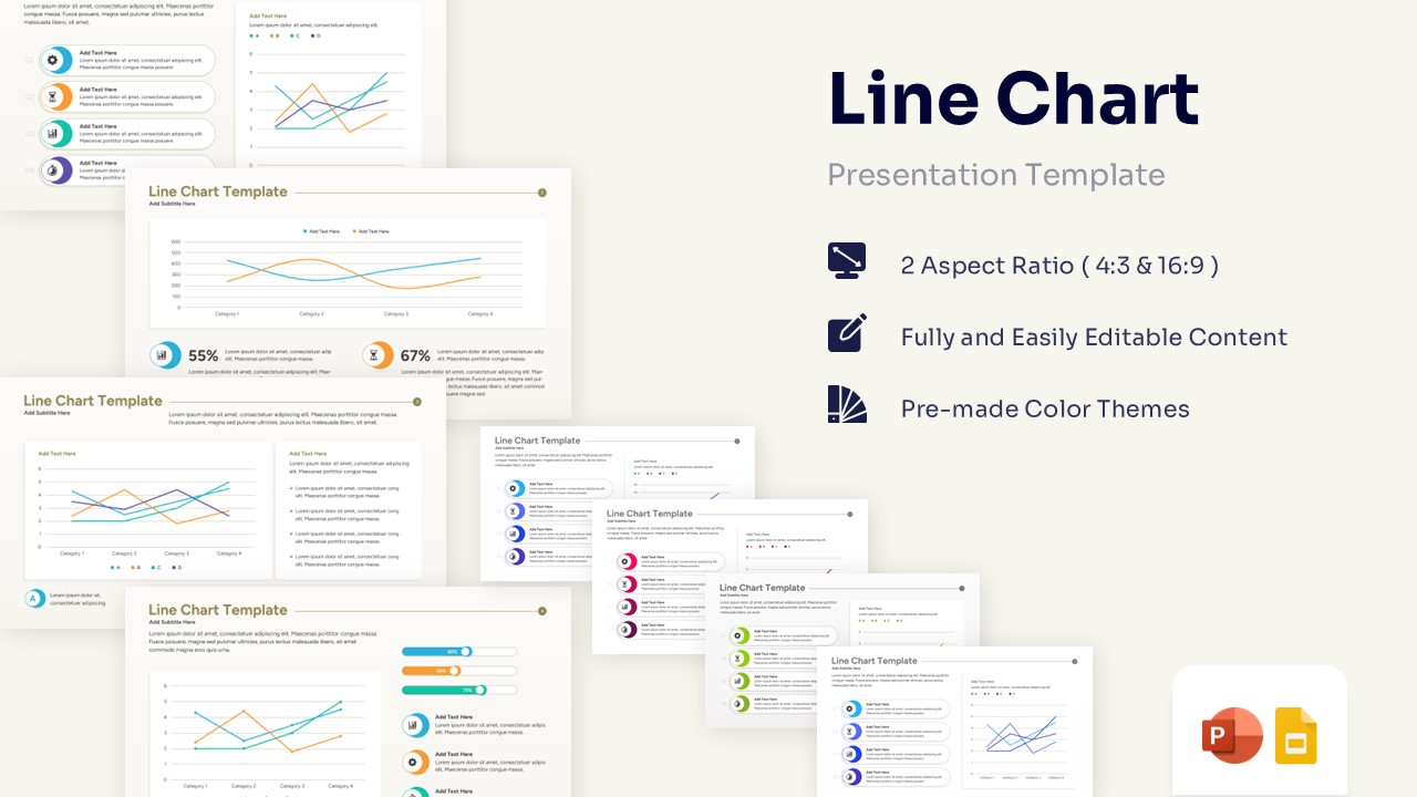 Collection of professional line chart presentation slides with various data visualization layouts