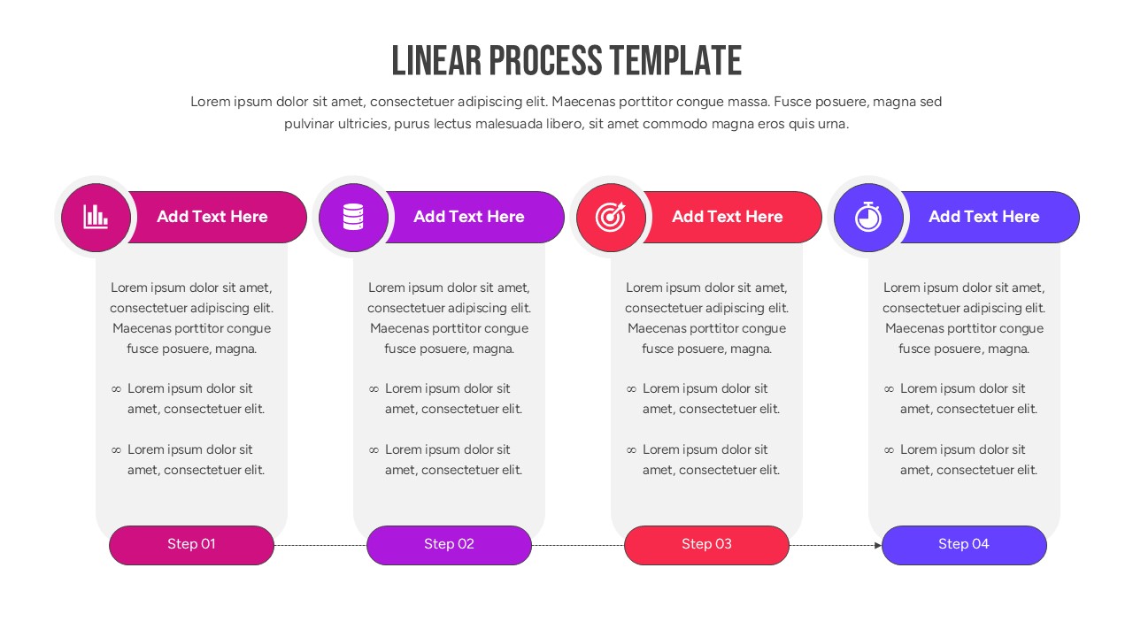 A 4-step linear workflow slide with rounded rectangles and connected infographic nodes in blue, green, and orange