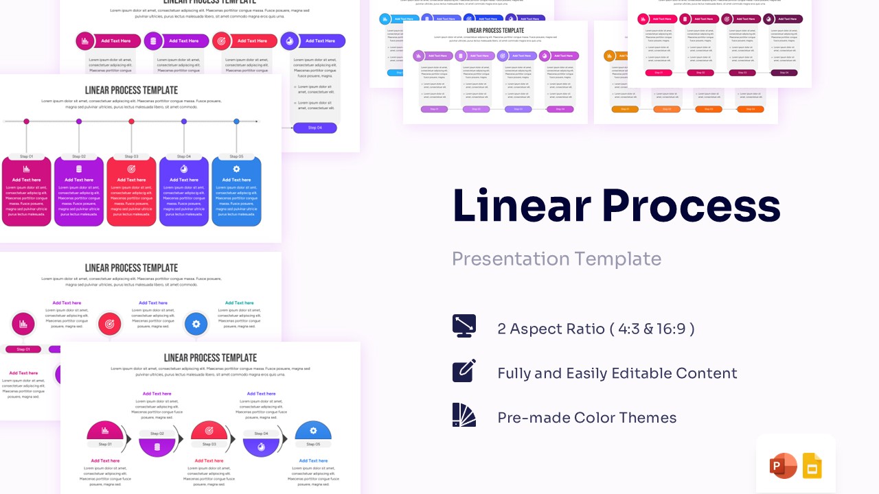 Linear process diagram with 4, 5, and 6-step horizontal layouts featuring colorful circular icons and text placeholders
