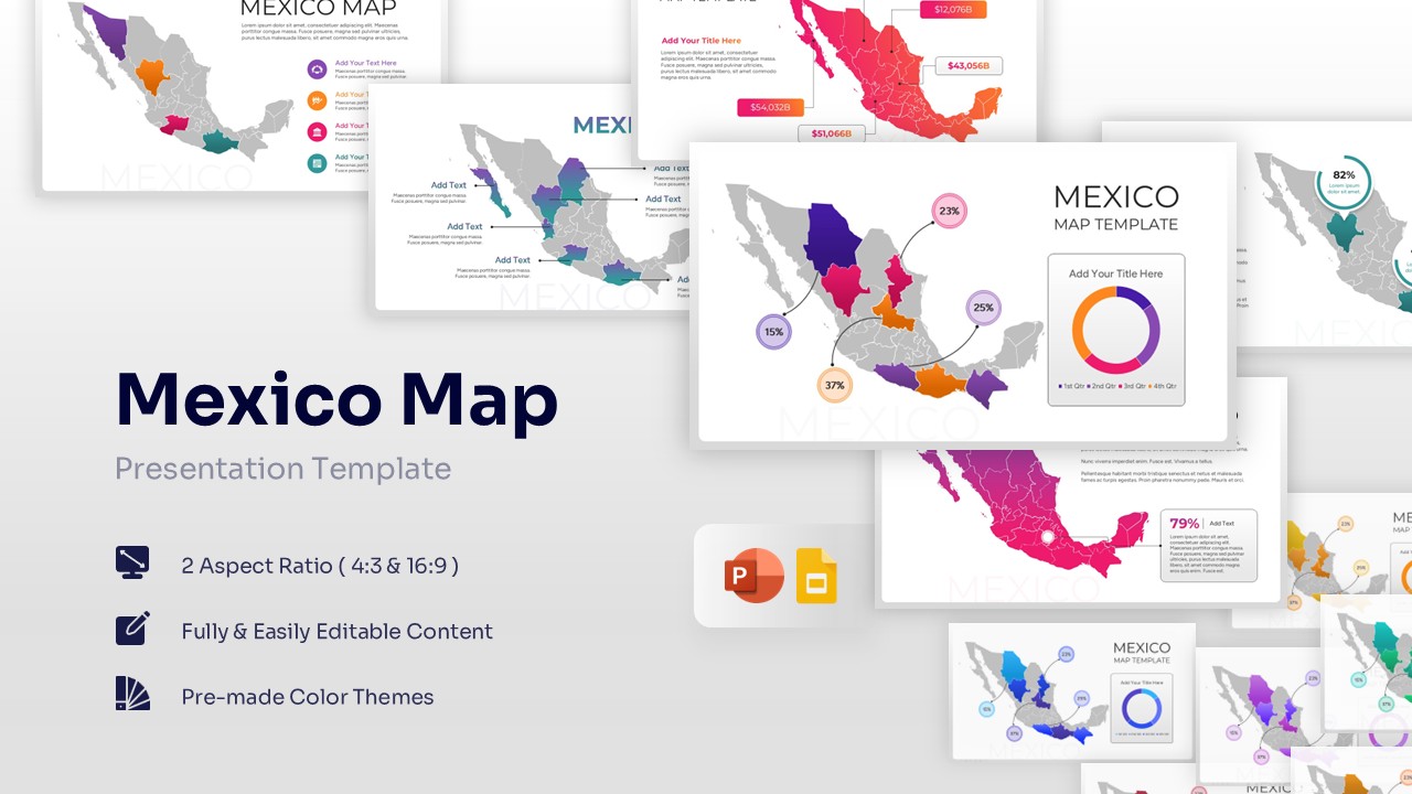 A composite display of professional Map of Mexico slides featuring various color themes, data callouts, and infographic charts