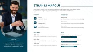 Minimalist personal profile layout with a dark teal theme and sections for professional summary and skills